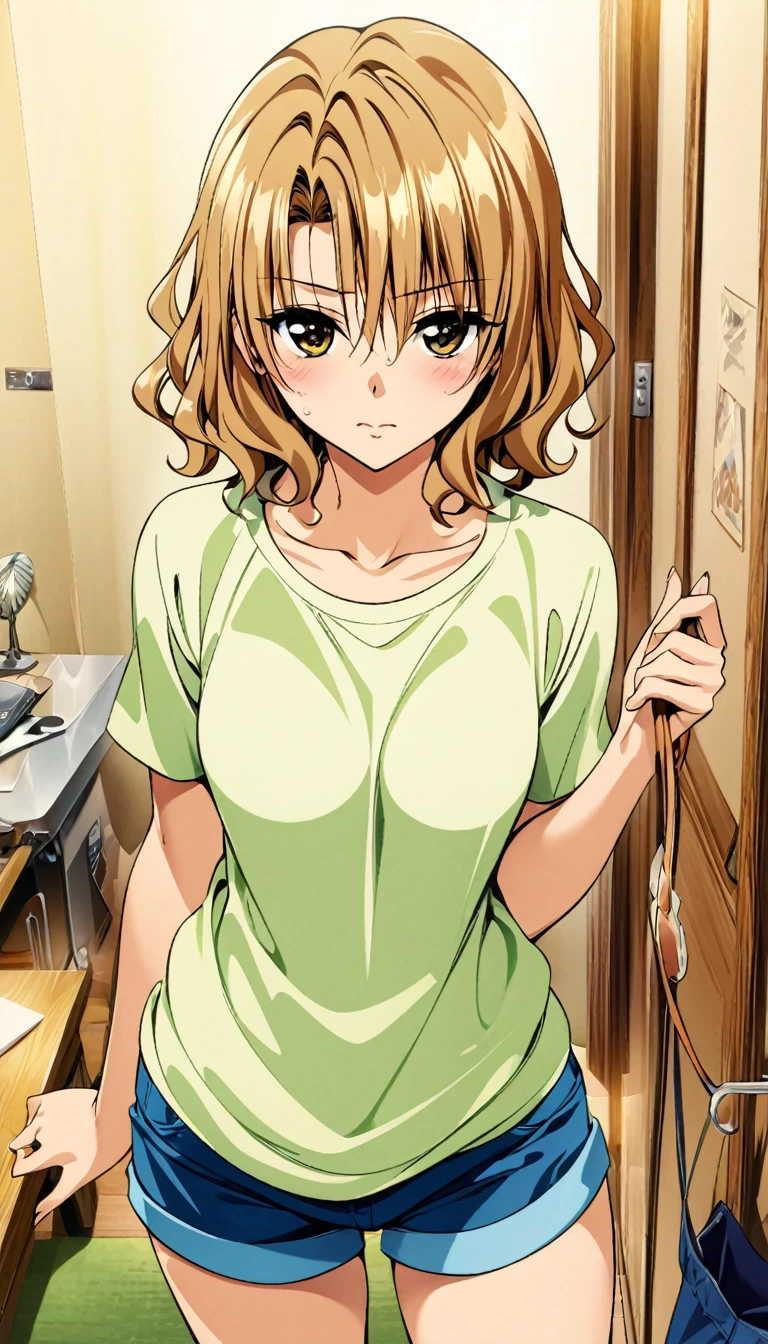 masterpiece, highest quality, Detailed face, Beautiful and detailed eyes, Beautiful Face, Perfect body, Official Art, grand plix award illustration, Professional Lighting,One girl, momioka risa,blonde short hair,wavy hair,brown eyes,shirt,shorts,room,Style of Yabuki Kentaro, To Love-Ru art style,