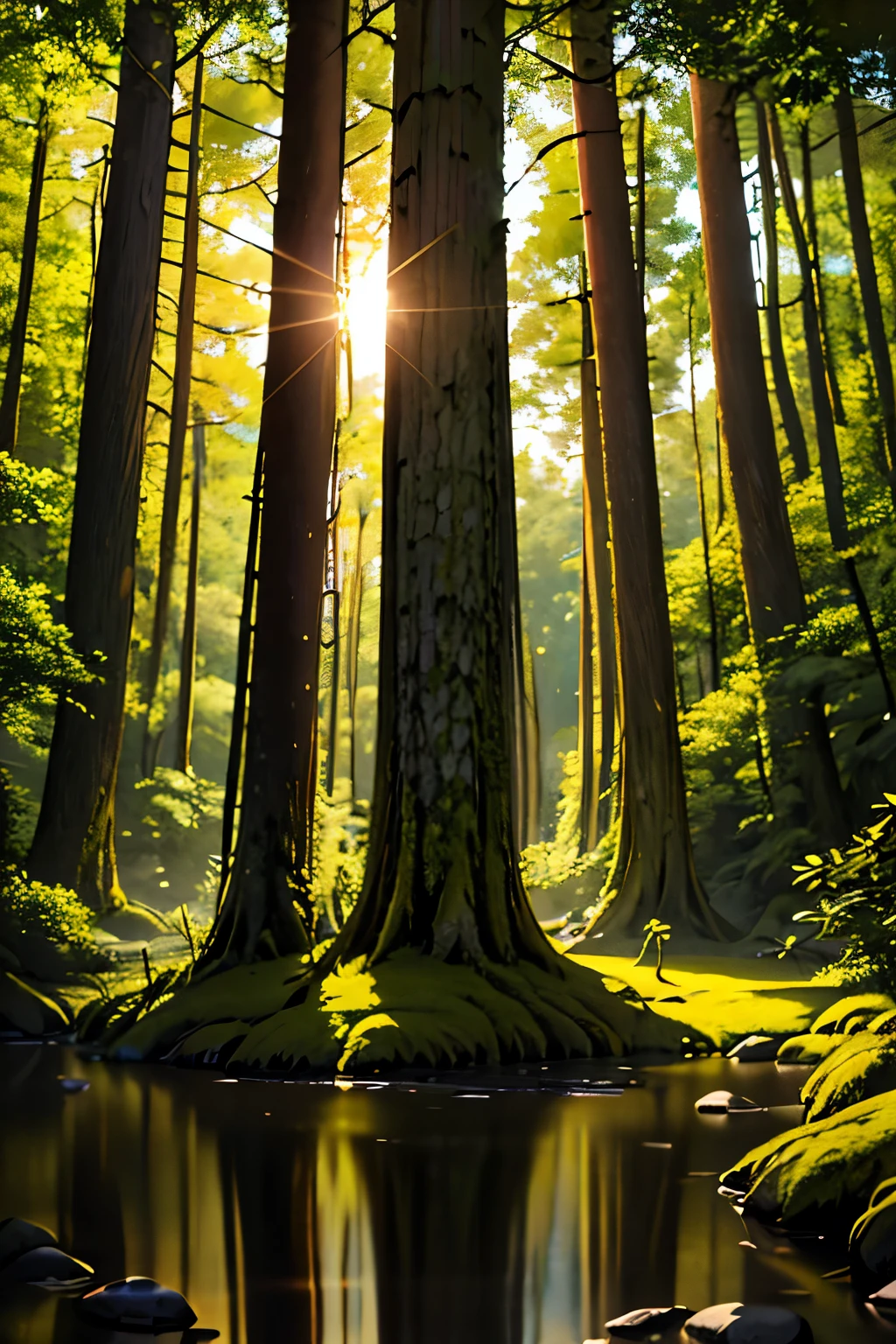 Create an awe-inspiring digital artwork that captures the serene beauty of an ancient forest at twilight. The scene should feature towering trees bathed in soft, golden light filtering through the foliage, casting gentle shadows on the lush undergrowth. The image should evoke a sense of tranquility and wonder, inviting viewers to immerse themselves in the enchanting realm of nature.