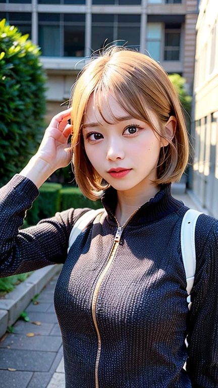 (8k, RAW Photos:1.2), Detailed face and eyes, 最high quality, Beautiful girl, (LOL:1.2), (Open your mouth:1.1), Soft cinematic light, Hyper Detail, Sharp focus, high quality, Blonde, Bobcut, Blurred Background, Particles of light, Strong winds,