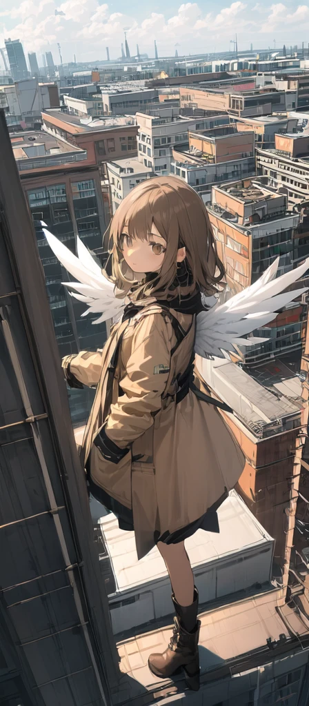 (masterpiece, best quality),from above , 1girl, solo, (feathered wings:1.2), billboard, brown eyes, brown hair, building, city, cloudy sky, coat, boots, crane \(machine\), dutch angle, from side, light frown, looking at viewer, outdoors, rooftop, sky, skyscraper