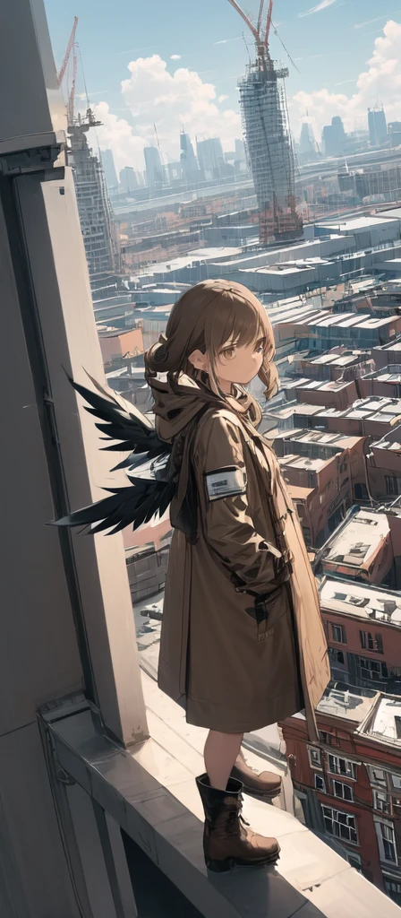(masterpiece, best quality),from above , 1girl, solo, (feathered wings:1.2), billboard, brown eyes, brown hair, building, city, cloudy sky, coat, boots, crane \(machine\), dutch angle, from side, light frown, looking at viewer, outdoors, rooftop, sky, skyscraper
