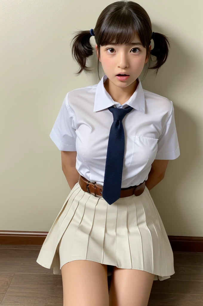 ((highest quality, masterpiece :1.3)), Photorealistic、Ultra-high resolution、Natural skin texture、Hyperrealism、Photograph from the knee up、12 year old beautiful Japanese girl、Twin tail hair、well-shaped breasts、White collared shirt and tie、mini skirt、Frightened expression