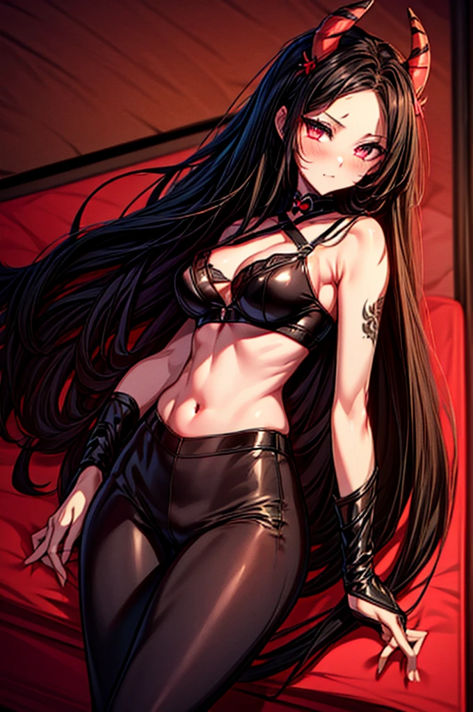 masterpiece, super detailed, high resolution, precision art, highly seductive anime girl. sexy and alluring, flawless dark red demonic skin, succubus, symmetrical face, beautiful olive eyes, flowing black hair, her very presence oozes seduction and allure, S-shaped body, black onyx colored horns jutting out her forehead, heart shaped tail protruding from her back, sexy and arousing slender and thin yet chiseled with enticing breasts, intricate and beautiful heart shaped tattoo engraved on her stomach, wearing spaghetti strap crop-top and form-fitting leggings that accentuate her round ass, hip-level shot