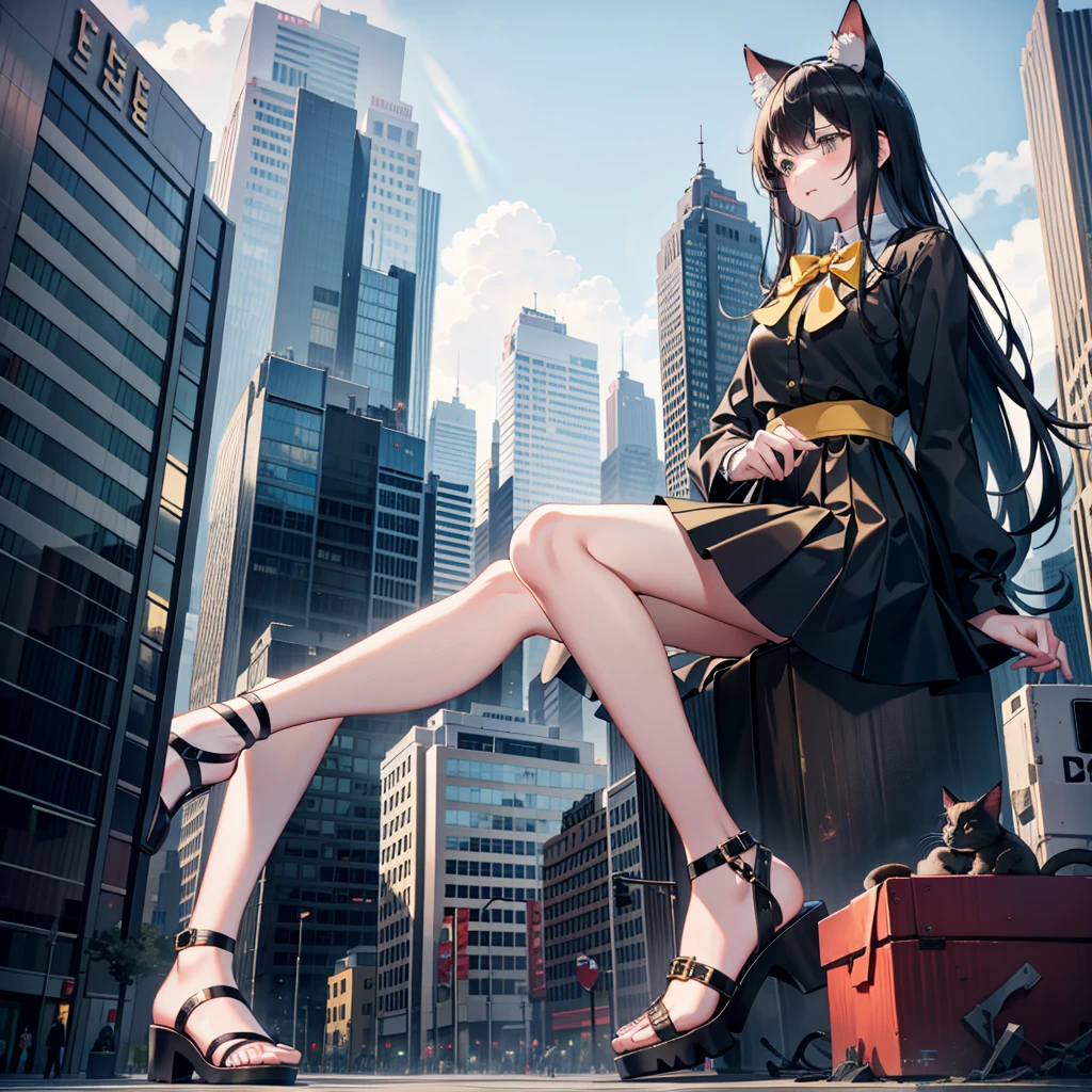 GTS, giantess, Cat's ears, light frown, looking to the down, heaven, loose yellow shirt, black skirt, blocking sun, sandals, trampling, destruction, collapsing building,Gtscity,cityscape, sitting in middle of rush hour,overcast