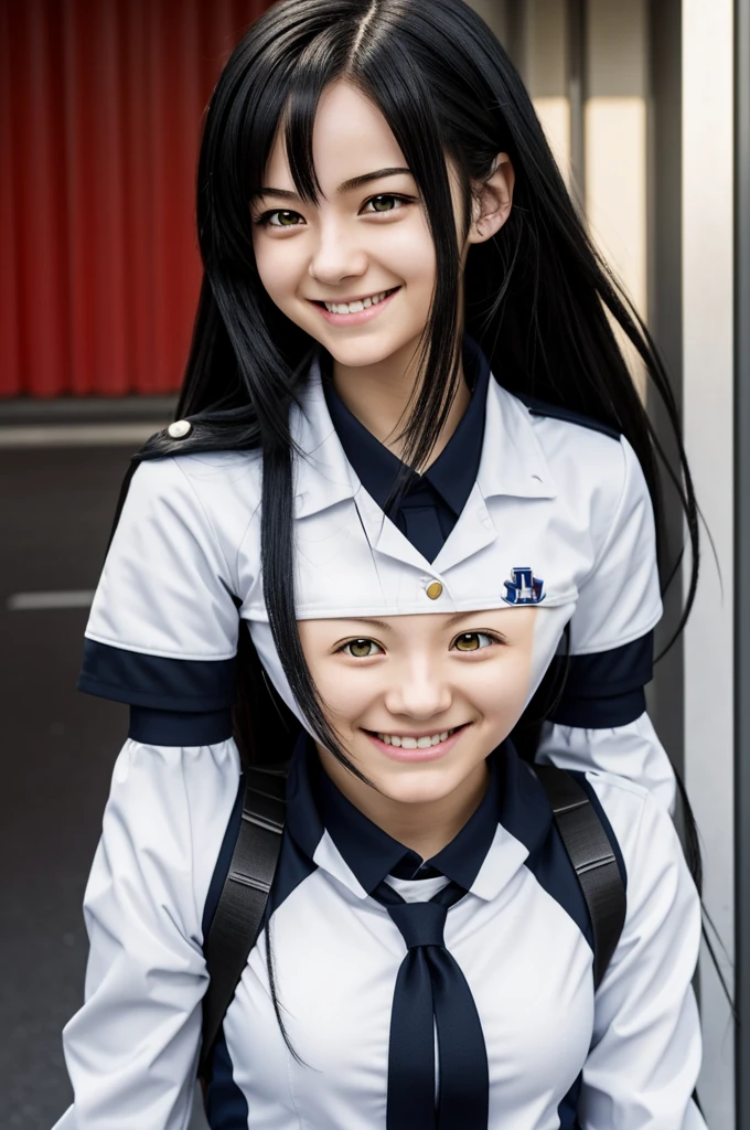 Photo in the style of the anime "My hero academia". We see a with very long, well-styled black hair. She has fairly pale skin and golden eyes. She is smiling and wearing the UA uniform
