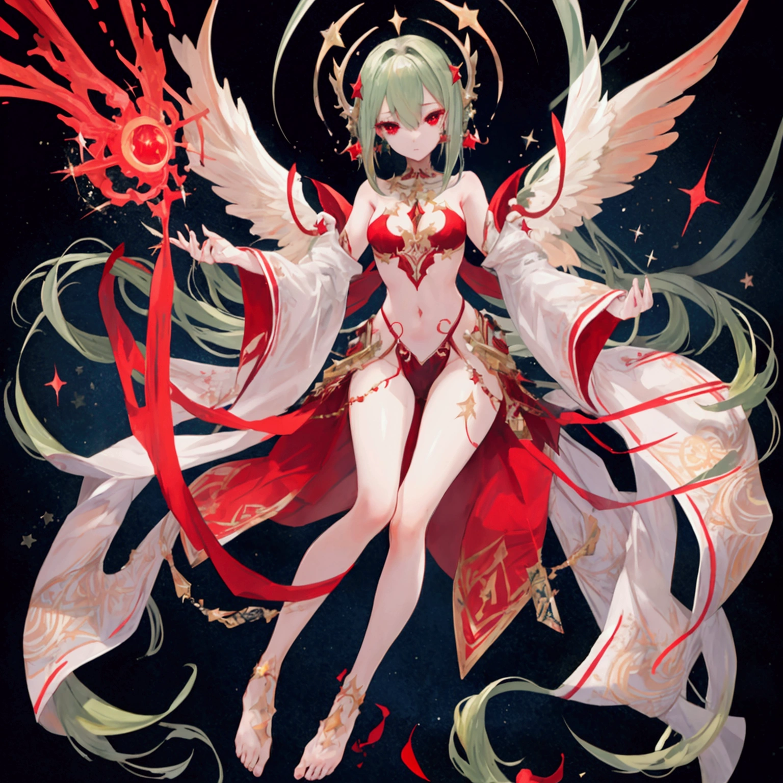 high resolution, shorth hair, Eyes red, aretes, sheen, stele, pretty, hair green, star accessories, sleepy eyes, only one girl, full body, body anatomy, perfect 5 fingers only, Two legs, red eyes, pretty face, sparkles, star, teenager body.
