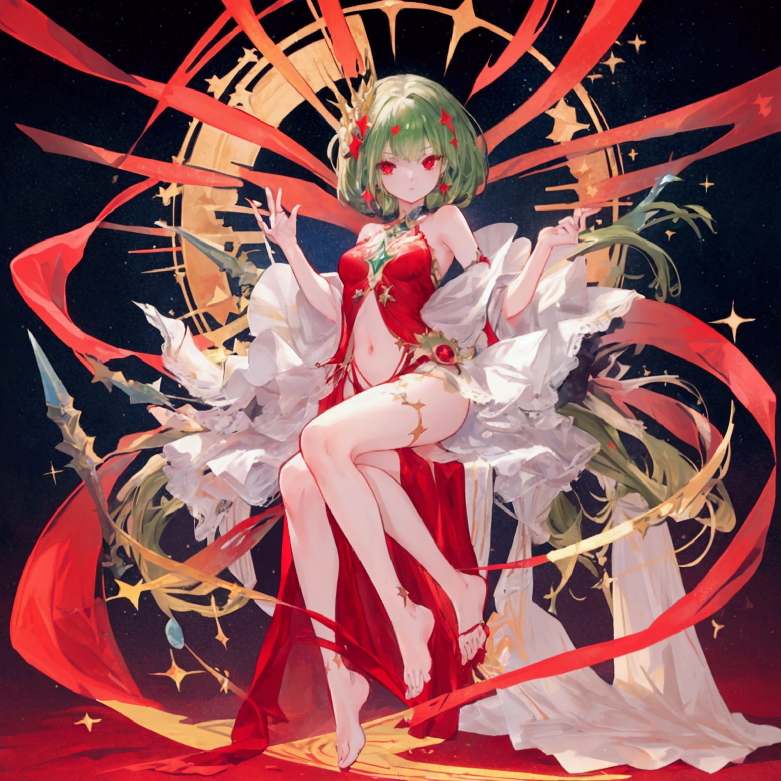 high resolution, shorth hair, Eyes red, aretes, sheen, stele, pretty, hair green, star accessories, sleepy eyes, only one girl, full body, body anatomy, perfect 5 fingers only, Two legs, red eyes, pretty face, sparkles, star, ager body.
