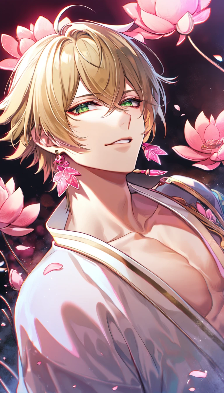 (absurdres, highres, ultra detailed, HDR), master piece, best quality, perfect face, delicate features, vibrant green eyes, solo, man, handsome, Taishakuten, ash-blond hair, hair between the eyes, white tunic, showing the chest, lotus earrings, onmyoji, pink moon, pink flames, pink petals, pink butterflies