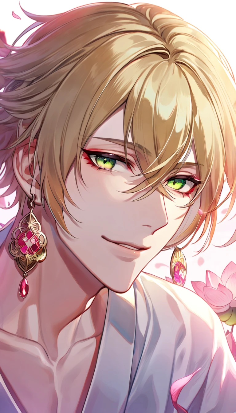 (absurdres, highres, ultra detailed, HDR), master piece, best quality, perfect face, delicate features, vibrant green eyes, solo, man, handsome, Taishakuten, ash-blond hair, hair between the eyes, white tunic, showing the chest, lotus earrings, onmyoji, pink moon, pink flames, pink petals, pink butterflies