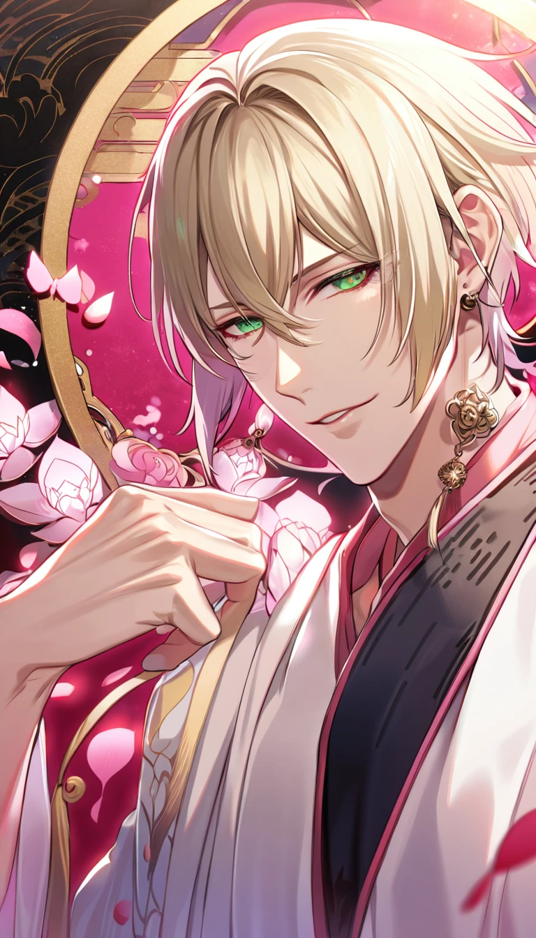 (absurdres, highres, ultra detailed, HDR), master piece, best quality, perfect face, delicate features, vibrant green eyes, solo, man, handsome, Taishakuten, ash-blond hair, hair between the eyes, white tunic, showing the chest, lotus earrings, onmyoji, pink moon, pink flames, pink petals, pink butterflies