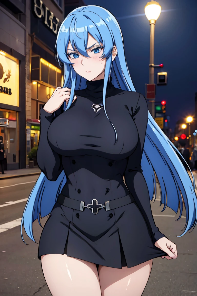 (artwork, best quality) a girl with long blue hair, blue eyes, blue eyelashes, black turtleneck sweater, black mini skirt, big breasts, bare legs, upset, perfect body, pretty eyes, nice waist, tattoo, blushing, on a street in New York, at night