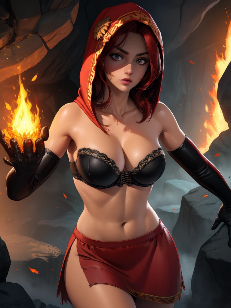 Dsorceress, redhair, shadowy face,dark cave, fire, hood, shadowed face, strapless bra, slim and athletic body, miniskirt, no panty, elbow gloves, dark skin, 1 girl (insanely detailed, masterpiece, best quality)