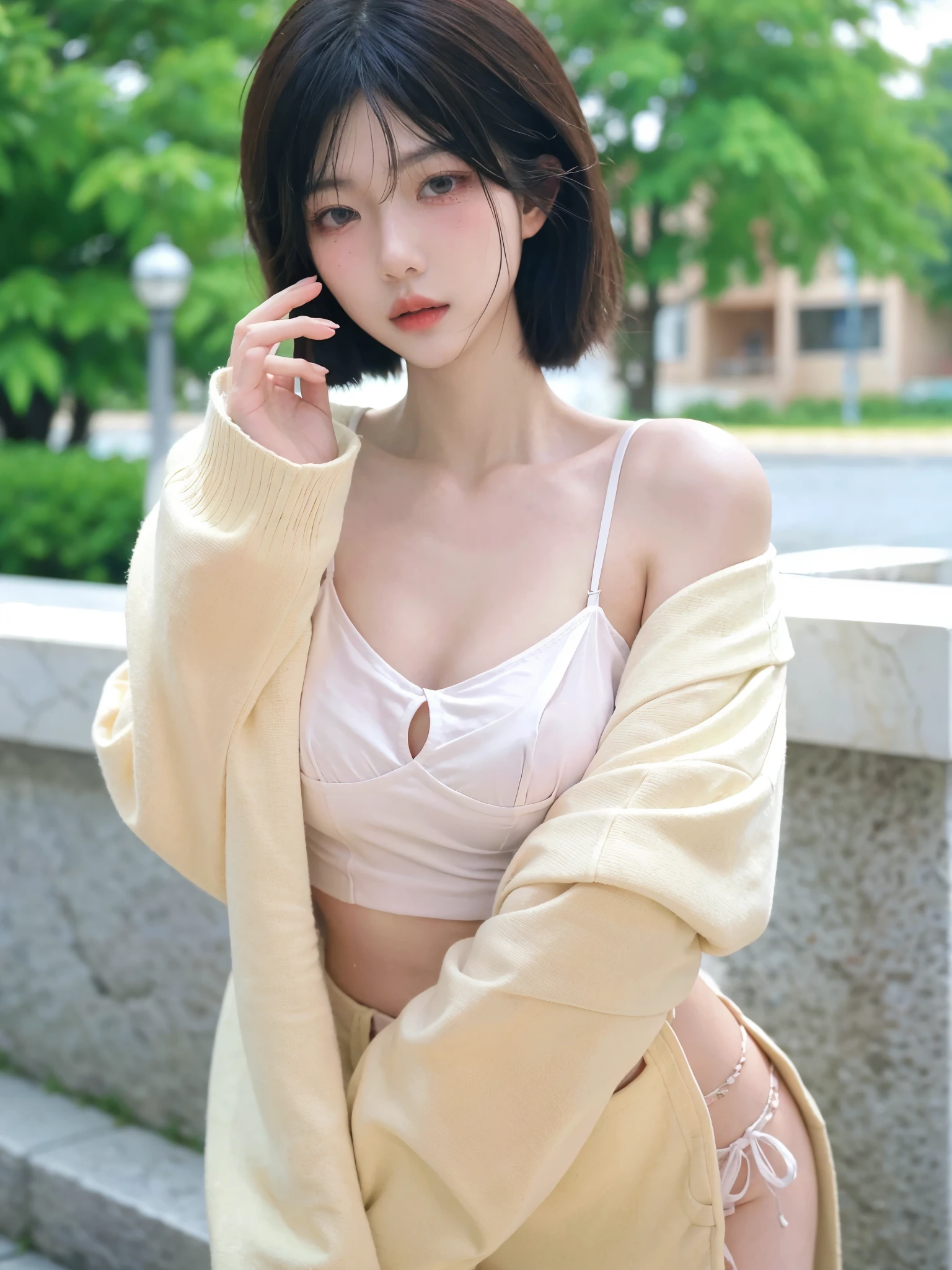 Beautiful Women in Perfect Shape:1.4,snow,Hands on hips,snow背景,Layered Hairstyle,White skin,Prominent cleavage,Pleated Skirt,whole body,The facial and skin texture is very delicate,Double eyelids,Skin Whitening,Long white hair