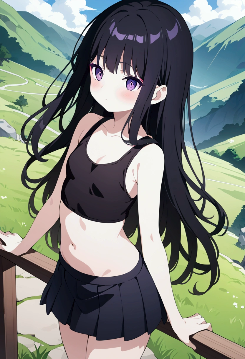 Highest quality, Highest image quality, masterpiece,  girl((13-yearld,r, vebust, small breasts, navel focus, purple eyes, black hair, long hair, slender, highest valley, cute makeup, Black short skirt, Red spats, fluttering hair, Black navel tank top)), high quality, beautiful art, muste piece, Depth of written boundary, movie, visual art, perfect art, path, official art,