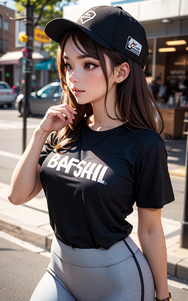 barista, yoga pants, brown hair, baseball hat, black tshirt with made up company logo across the chest