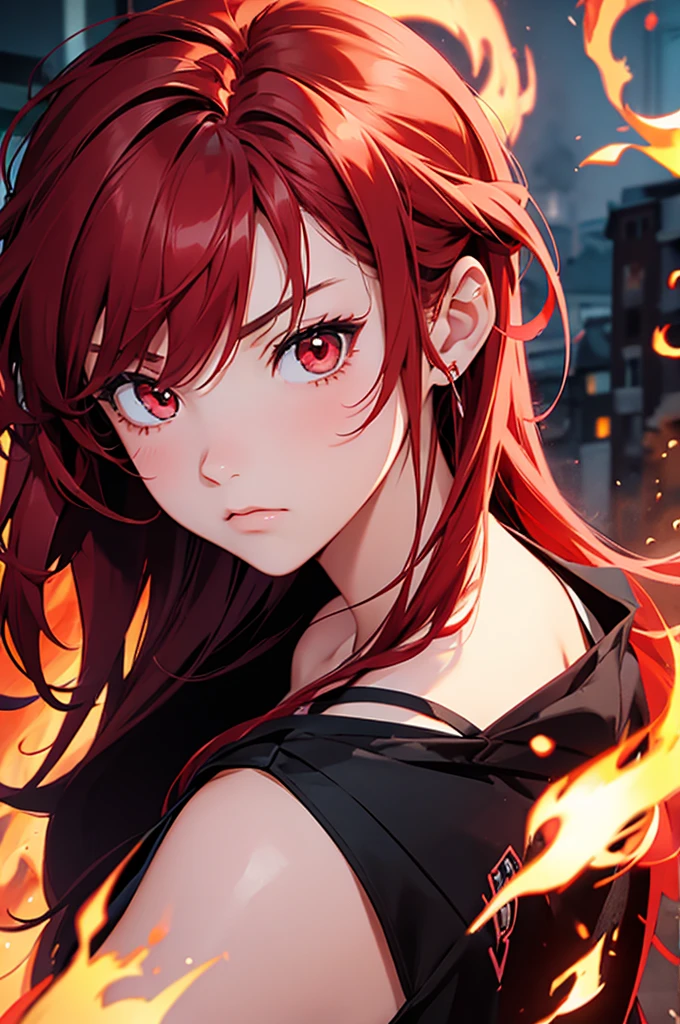 girl anime, , selfie, head-set, music, red eyes, red hair, angry, fire background
