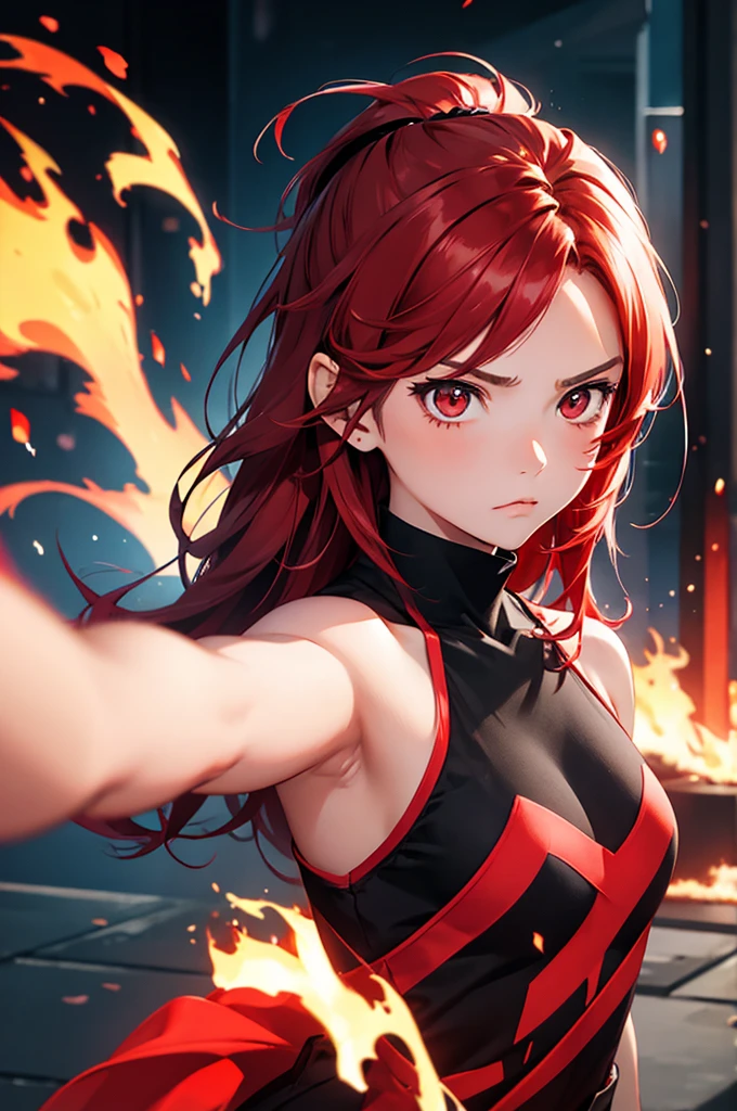 girl anime, 15 years, selfie, head-set, music, red eyes, red hair, angry, fire background