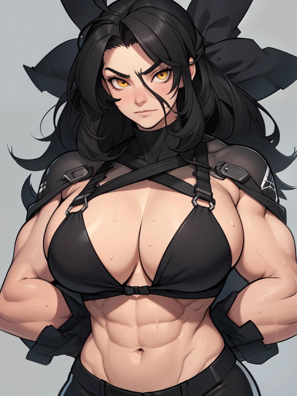 girl ((((((1girl muscular)))))) black hair yellow eyes pale skin (seductive expression) huge tits straight hair hair between eyes