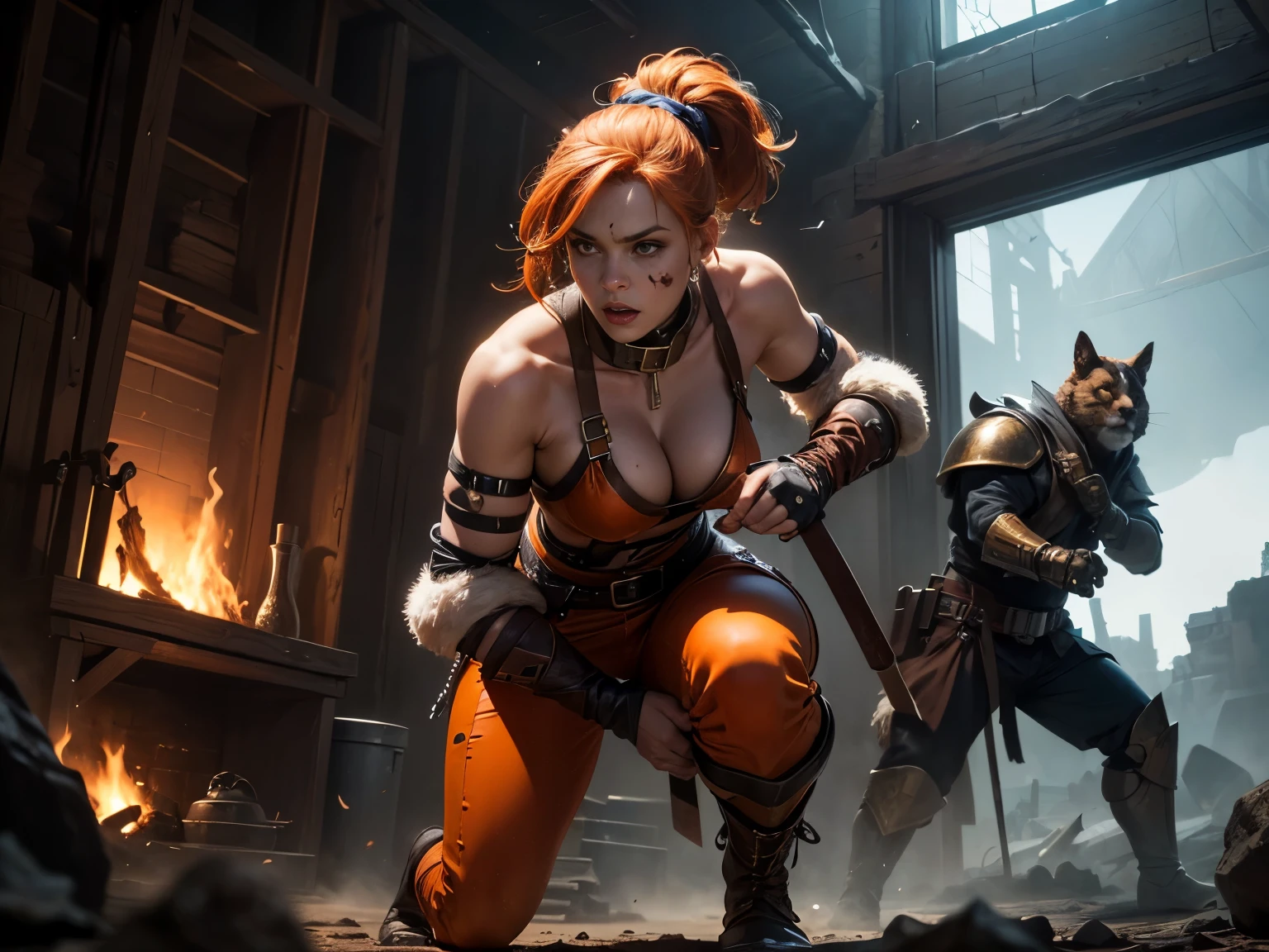 masters of the universe, a female barbarian with (orange fur, orange hair), high pony tail. wearing black and orange clothing, animal hides, leather straps, buckles, high collar, (bronze highlights, bronze trim),(best quality,4k,8k,highres,masterpiece:1.2),ultra-detailed. Show her standing on a battle field, blood spattered on her face, serious expression, feet wide spread, solid fighting stance. (detailed eyes, detailed face, pretty face)