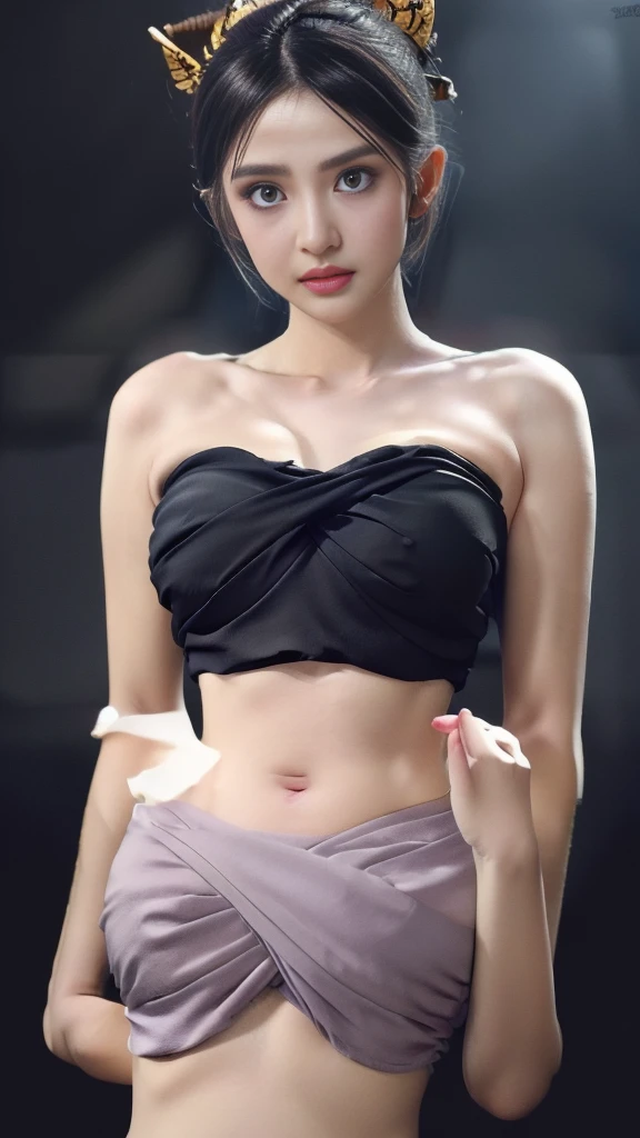 Masterpiece, Highest quality, HDR, high contrast,    ((beautiful girl, Thai female soldier)),   Bun hair,  Highly detailed lips,     Detailed eyes,     Double eyelids,    Makeup.    

((Thai Fluke Set, Strapless shirt)),

((dark background))