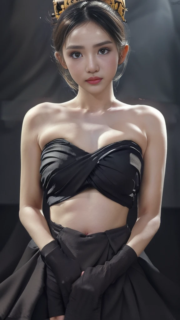 Masterpiece, Highest quality, HDR, high contrast, ((beautiful girl, Thai female soldier)), Bun hair, Highly detailed lips, Detailed eyes, Double eyelids, Makeup.
((Thai Fluke Set, Strapless shirt)),
((dark background))