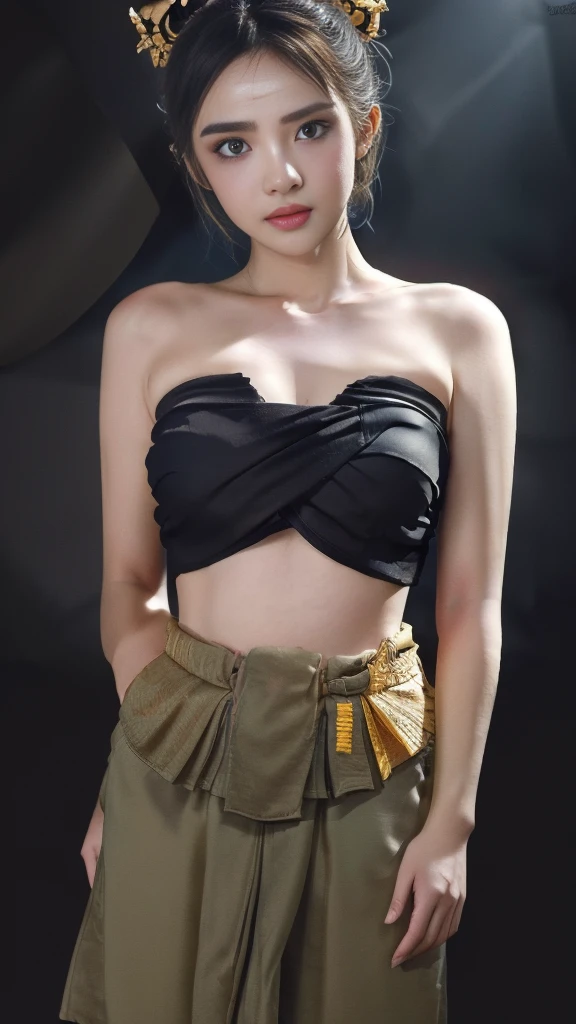 Masterpiece, Highest quality, HDR, high contrast, ((beautiful girl, Thai female soldier)), Bun hair, Highly detailed lips, Detailed eyes, Double eyelids, Makeup.
((Thai Fluke Set, Strapless shirt)),
((dark background))