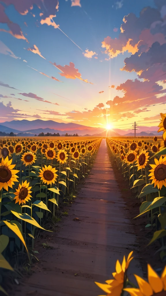 Create an image of a scenic sunset view where the sun is setting on the horizon, casting a warm glow across the sky with clouds scattered above. In the foreground, there's a field of sunflowers with some green foliage, and in the midground, there's a road running parallel to an array of utility poles leading towards distant mountains. The setting is serene and suggests a rural or semi-rural area.
