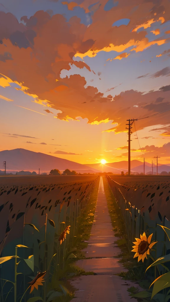 Create an image of a scenic sunset view where the sun is setting on the horizon, casting a warm glow across the sky with clouds scattered above. In the foreground, there's a field of sunflowers with some green foliage, and in the midground, there's a road running parallel to an array of utility poles leading towards distant mountains. The setting is serene and suggests a rural or semi-rural area.
