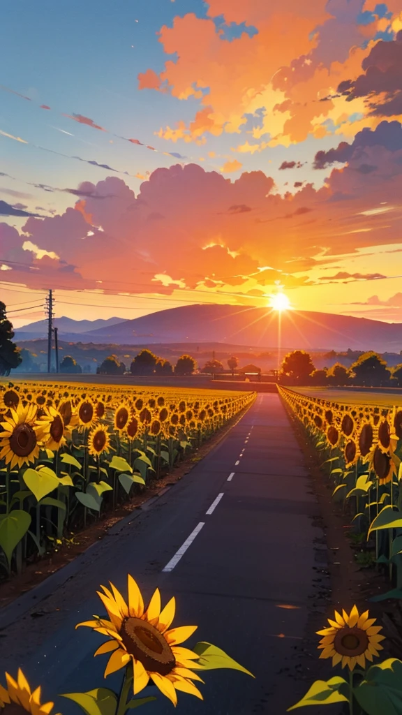 Create an image of a scenic sunset view where the sun is setting on the horizon, casting a warm glow across the sky with clouds scattered above. In the foreground, there's a field of sunflowers with some green foliage, and in the midground, there's a road running parallel to an array of utility poles leading towards distant mountains. The setting is serene and suggests a rural or semi-rural area.