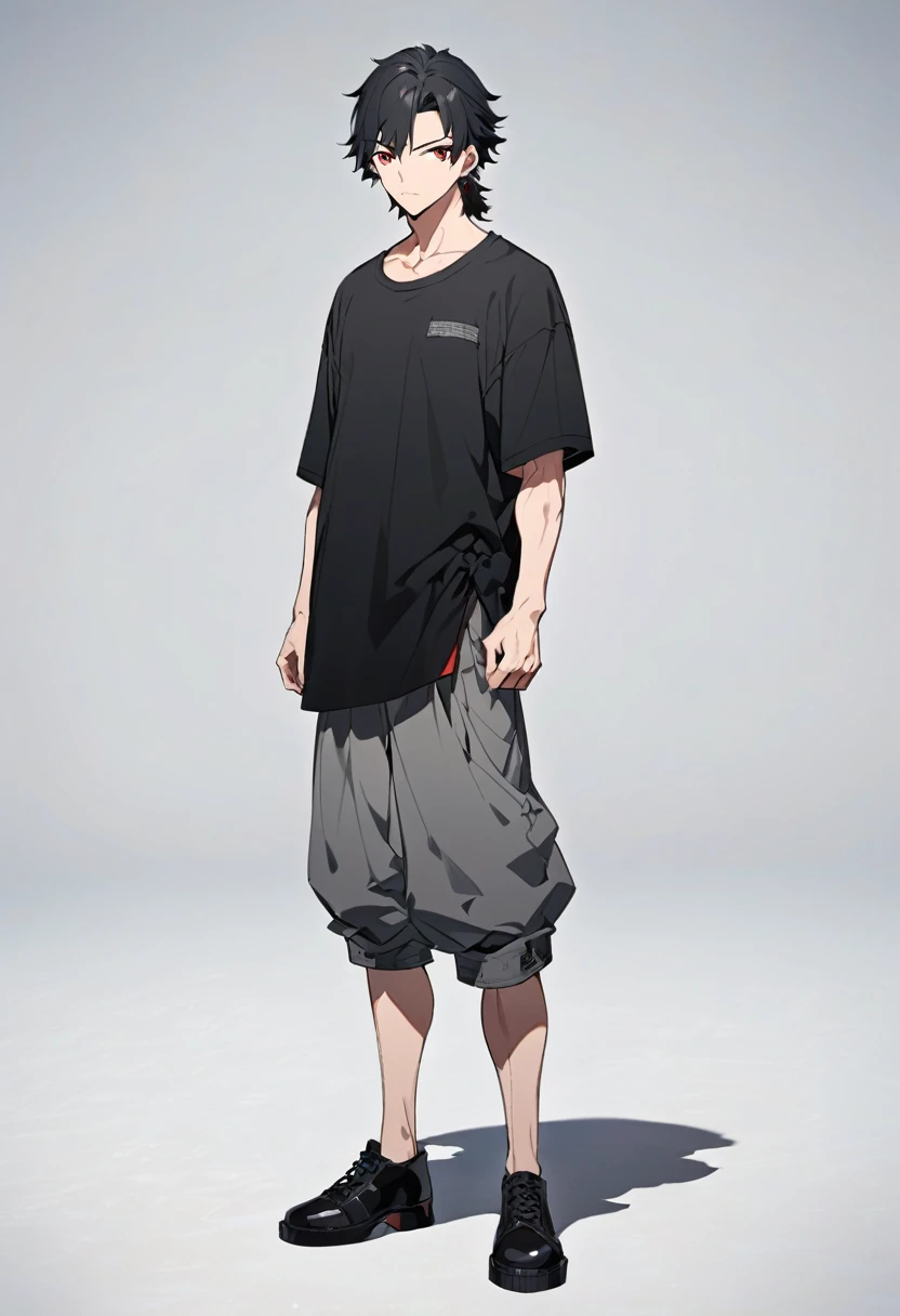 A anime man, black short hair, mullet haircut split in the middle, red eye, wearing a gray baggy pants, black Tight T-shirt , wearing a black shoe. standing, full body, adult, slightly muscular body, blank scenery