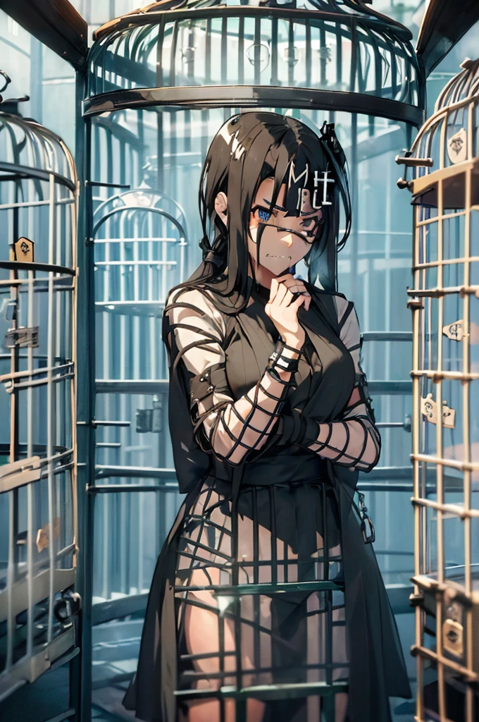 xuer the cross,chain,solo,blindfold,cross,high heels,1girl,short hair,latex,bound,chained,black hair,restrained,shiny clothes,kneeling,collar,blue hair,sitting,cuffs,straitjacket,wall,long sleeves,black footwear,bdsm,shiny,latin cross,
<lora:~Q?-SA[Wg xuer the cross:0.8>,