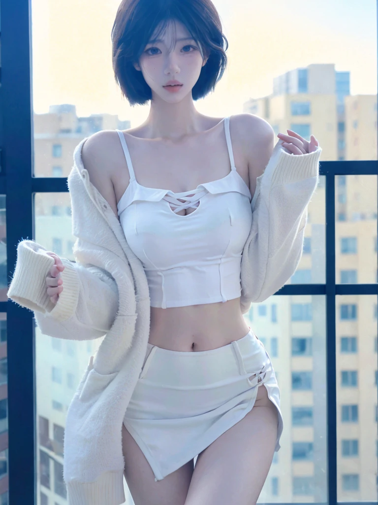 Beautiful woman with perfect figure:1.4，snow，Touching butt with both hands，snow背景，Layered Hairstyle，White skin，Prominent cleavage，Pleated Skirt，whole body，Very delicate face and skin texture，Double eyelids，Skin Whitening，Long white hair