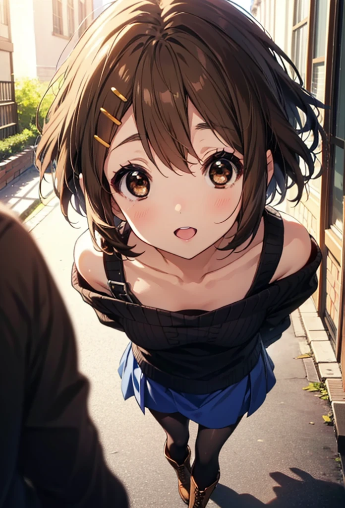 yuihirasawa, Yui Hirasawa, short hair, Brown Hair, hair ornaments, (Brown eyes:1.5), Hair Clip,One-shoulder sweater,mini skirt,Black pantyhose,short boots,Walking,morning,morning陽,The sun is rising,smile,Open your mouth,whole bodyがイラストに入るように
break outdoors,Building district,
break looking at viewer, whole body,
break (masterpiece:1.2), Highest quality, High resolution, unity 8k wallpaper, (figure:0.8), (Beautiful attention to detail:1.6), Highly detailed face, Perfect lighting, Highly detailed CG, (Perfect hands, Perfect Anatomy),
