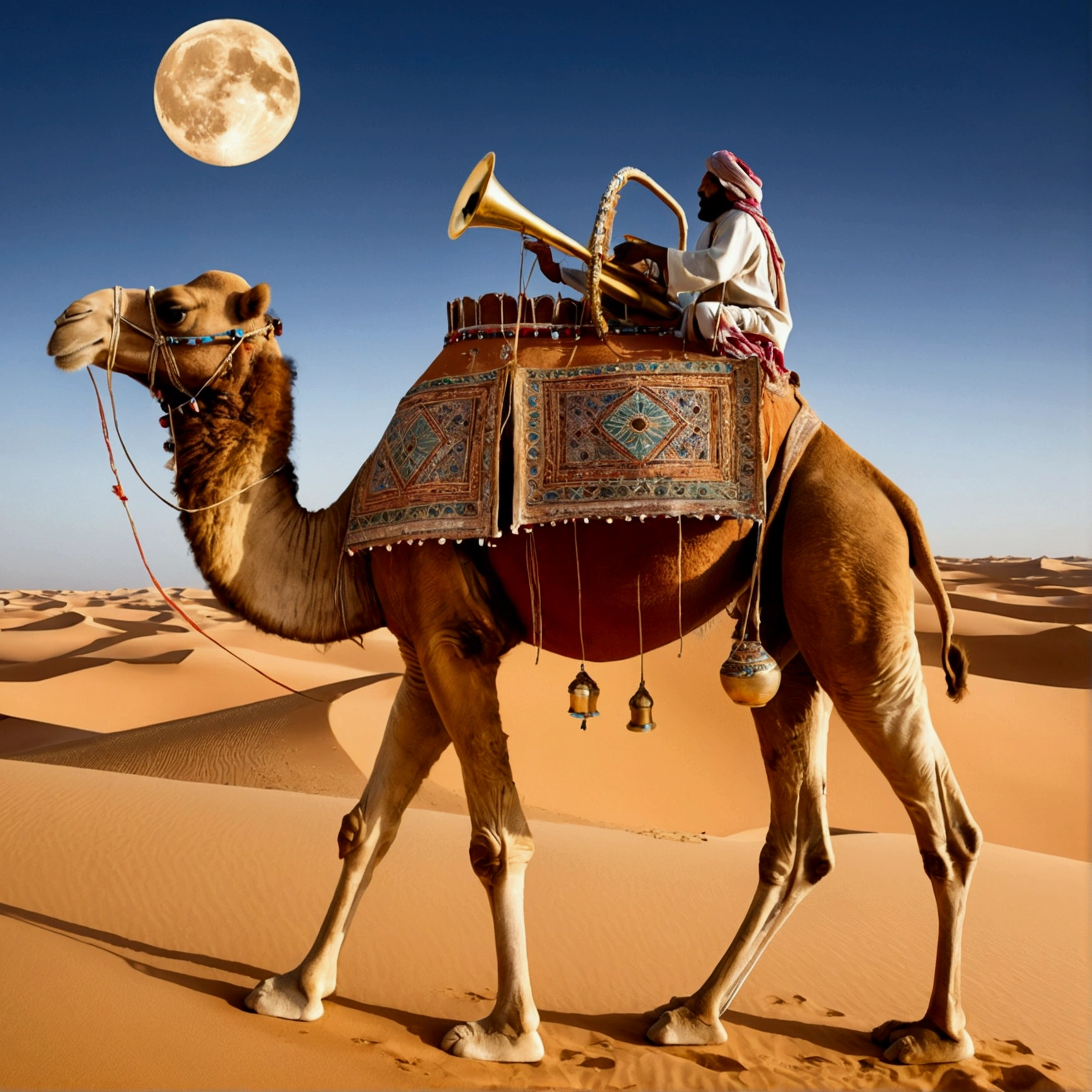 desert　moon　camel　carrying musical instruments
