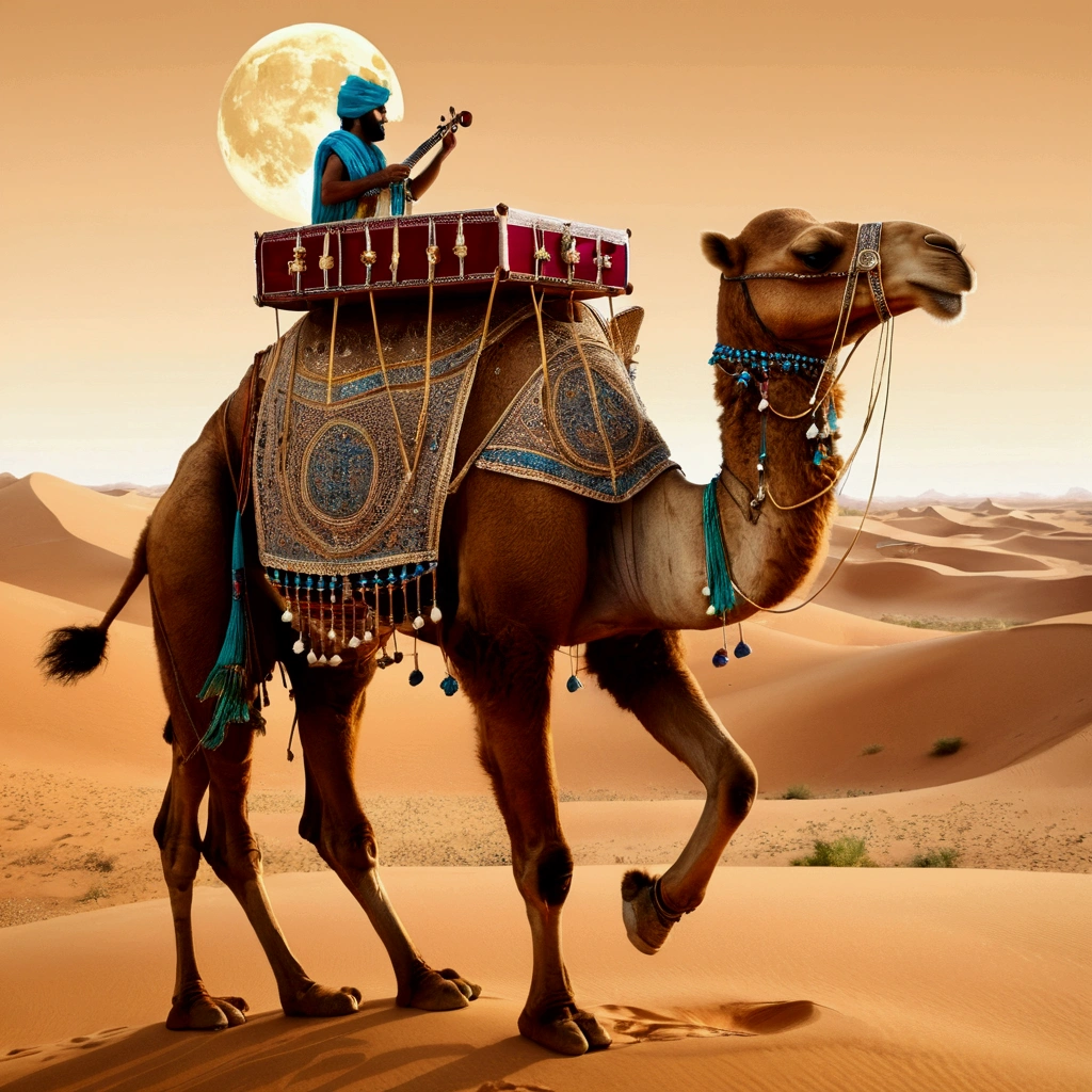 desert　moon　camel　carrying musical instruments
