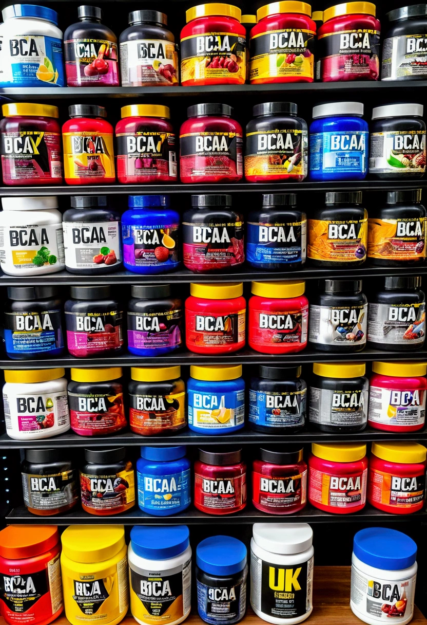 4k image quality,Detailed Description, An image of multiple variety of supplements, how to whey protein powder, creatine and BCAA, creatinas, and other bodybuilding supplements.