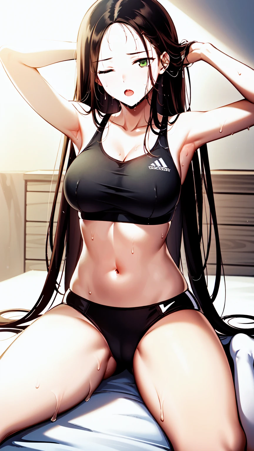 beautiful, masterpiece, best quality, extremely detailed face, perfect lighting, masterpiece, best quality, 1girl, blush, altairdb, very long hair, (green eyes:1.4), (black hair:1.4), buruma, sports bra, sportswears, navel, wet, sweat, ;o, one eyes closed, large breasts, arm behind head, sitting, wariza, on bed, looking at viewer