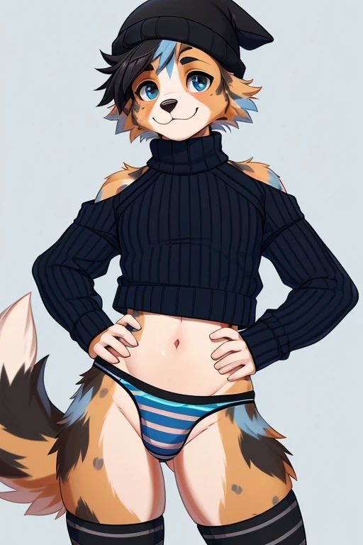 ((SFW)) ((18, cute, furry, Australian Shepherd dog boy femboy wearing blue thin, low panties with a long bulge, black beanie, blue and black striped croptop sweater with tops of shoulders exposed, and black and blue striped thigh-high socks, best quality)) ((right hand inside panties, left hand on hip)) ((exposed hips))