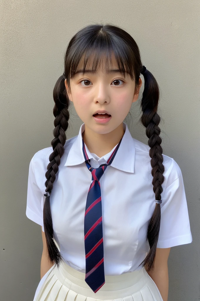 ((highest quality, masterpiece :1.3)), Photorealistic、Ultra-high resolution、Natural skin texture、Hyperrealism、Photograph from the knee up、 Japanese beautiful girl、Twin tail hair、well-shaped breasts、White collared shirt and tie、mini skirt、Frightened expression