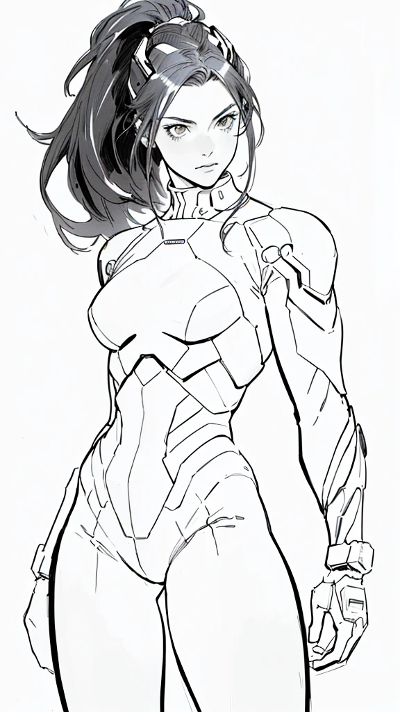 Beautiful 18yr old cybernetic girl detailed muscles realistic masterpieces full figure pose (best quality,ultra-detailed), unique red hair, fair skin, fit body, slim figure, narrow waist, (cocky expression), black carbon fiber cybernetic mobile combat suit. Manga coloring, use screentones, spaceship cargo hold background, monochrome black and white sketch