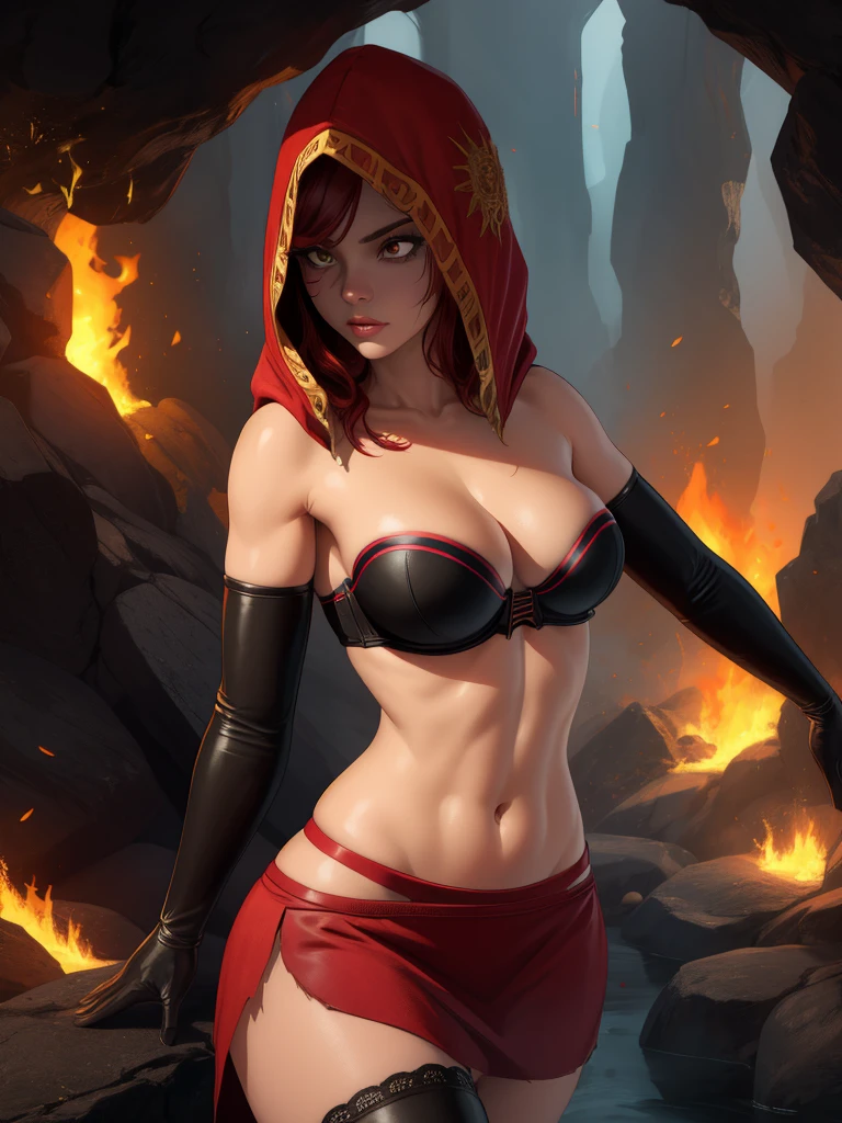 Dsorceress, redhair, shadowy face,dark cave, fire, hood, shadowed face, strapless bra, slim and athletic body, miniskirt, no panty, elbow gloves, dark skin, 1 girl (insanely detailed, masterpiece, best quality)
