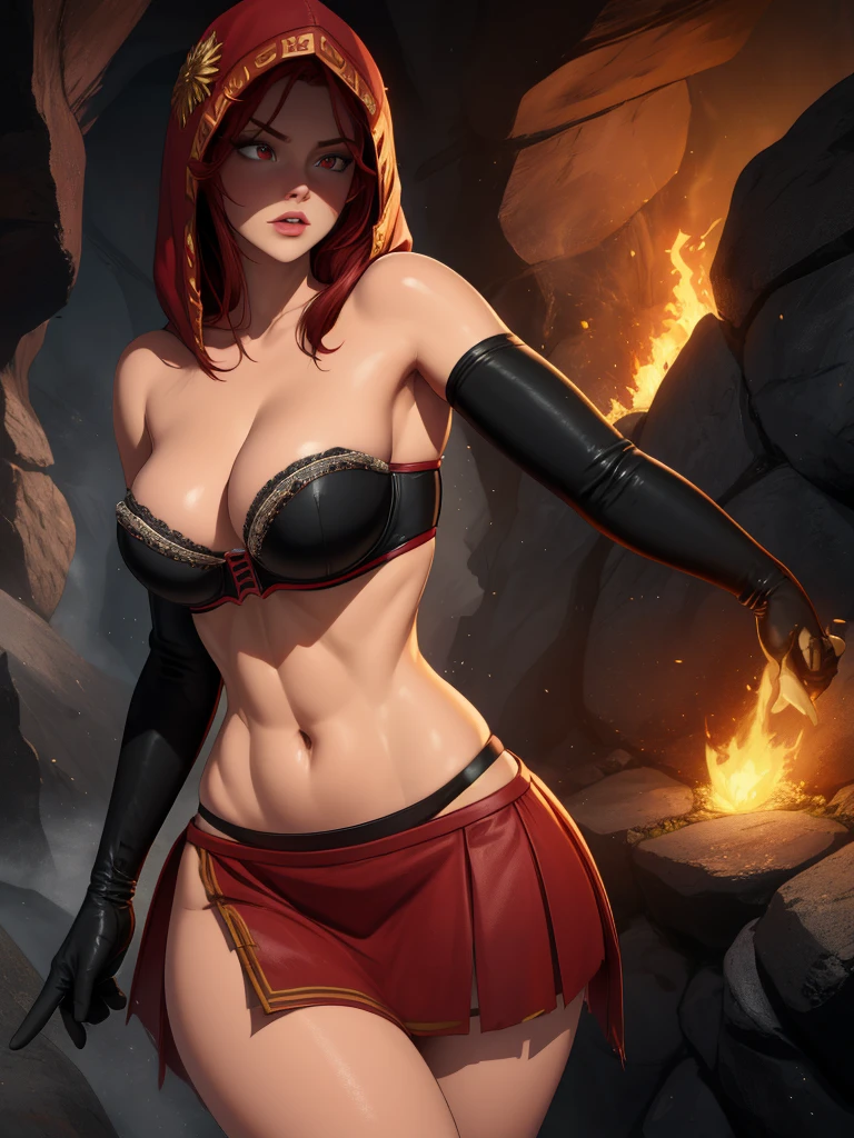 Dsorceress, redhair, shadowy face,dark cave, fire, hood, shadowed face, strapless bra, slim and athletic body, miniskirt, no panty, elbow gloves, dark skin, 1 girl (insanely detailed, masterpiece, best quality)
