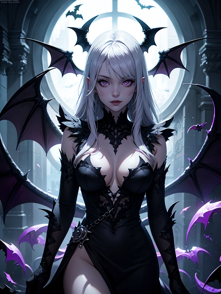 Insanely detailed photograph of a gorgeous vampire woman, goth Renaissance, long voluminous white hair, intricate purple eyes, black wings, bat wings, fantastical, vampire, ethereal, hyperdetailed, 32k resolution, dynamic lighting, hyperdetailed, intricately detailed, trending on Artstation, triadic colors, volumetric lighting, BalenciagaStyle