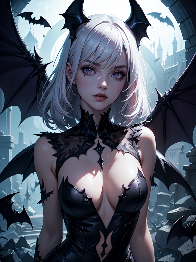 Insanely detailed photograph of a gorgeous vampire woman, goth Renaissance, long voluminous white hair, intricate purple eyes, black wings, bat wings, fantastical, vampire, ethereal, hyperdetailed, 32k resolution, dynamic lighting, hyperdetailed, intricately detailed, trending on Artstation, triadic colors, volumetric lighting, BalenciagaStyle