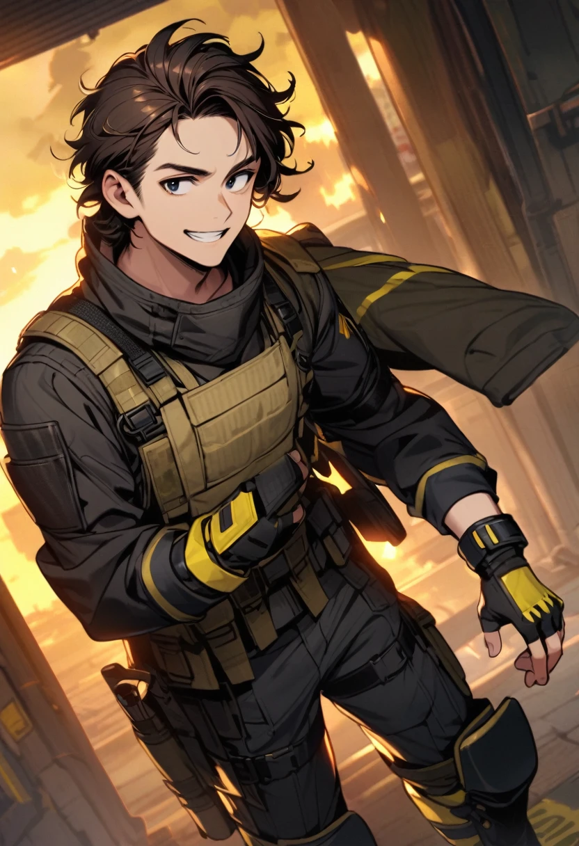 (well done:1) man, short dark brown curly hair, black eyes, black clothing with yellow details, tactical boots, fingerless gloves, yellow tips in his hair.