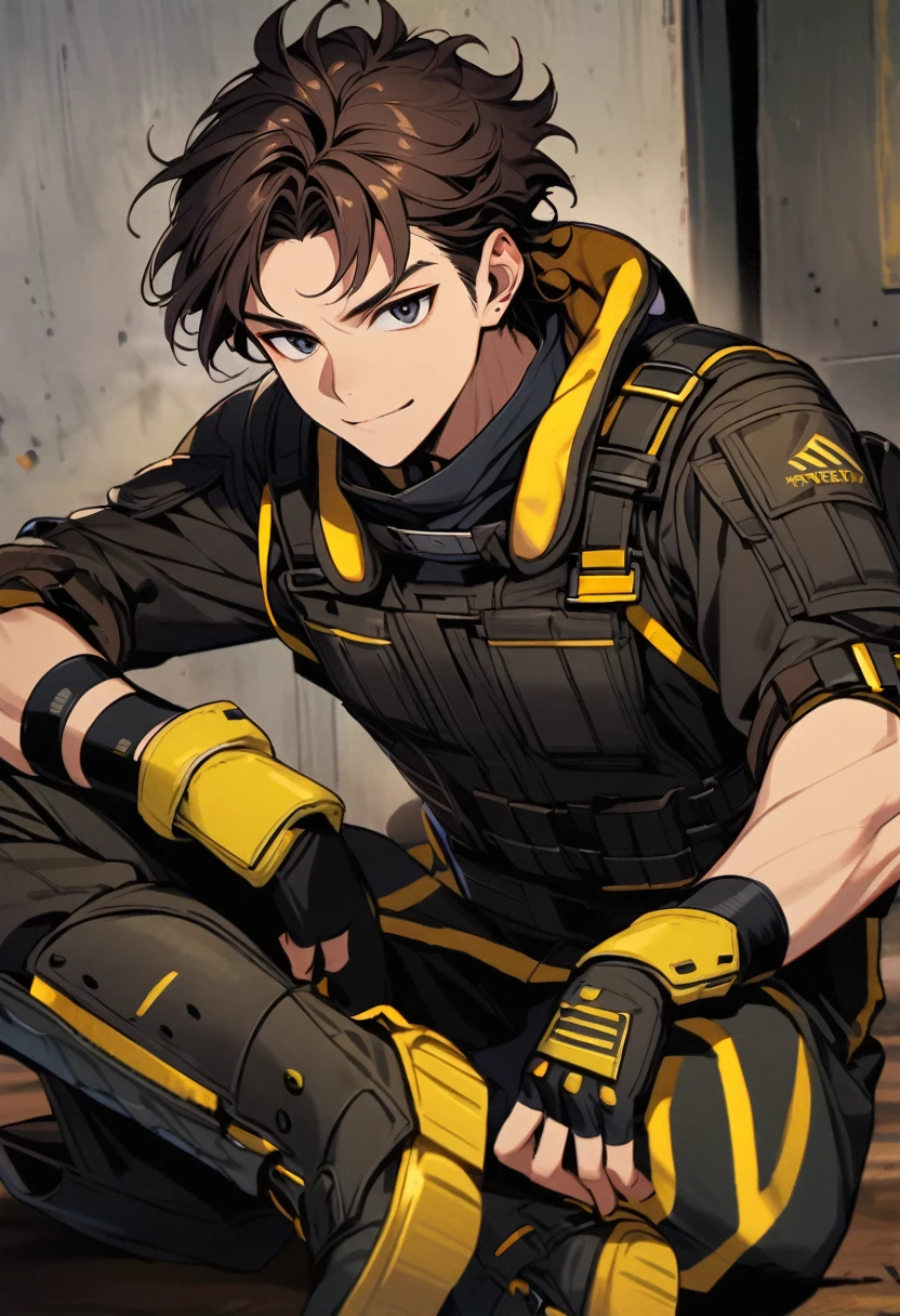 (well done:1) man, short dark brown curly hair, black eyes, black clothing with yellow details, tactical boots, fingerless gloves, yellow tips in his hair.
