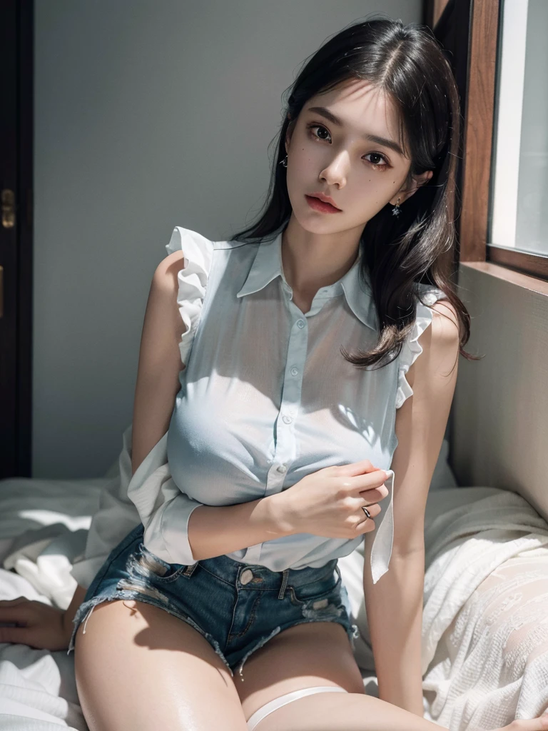 absurdres, RAW photo, extremely delicate and beautiful, masterpiece, Best Quality, ultra high resolution, 32k, hyperrealistic, ultra-detailed, perfect figure, in her 20s, delicate facial features, tearful mole, earring, big breasts, ((full body shot)), medium hair, black hair, sleeveless collared shirt, shorts,