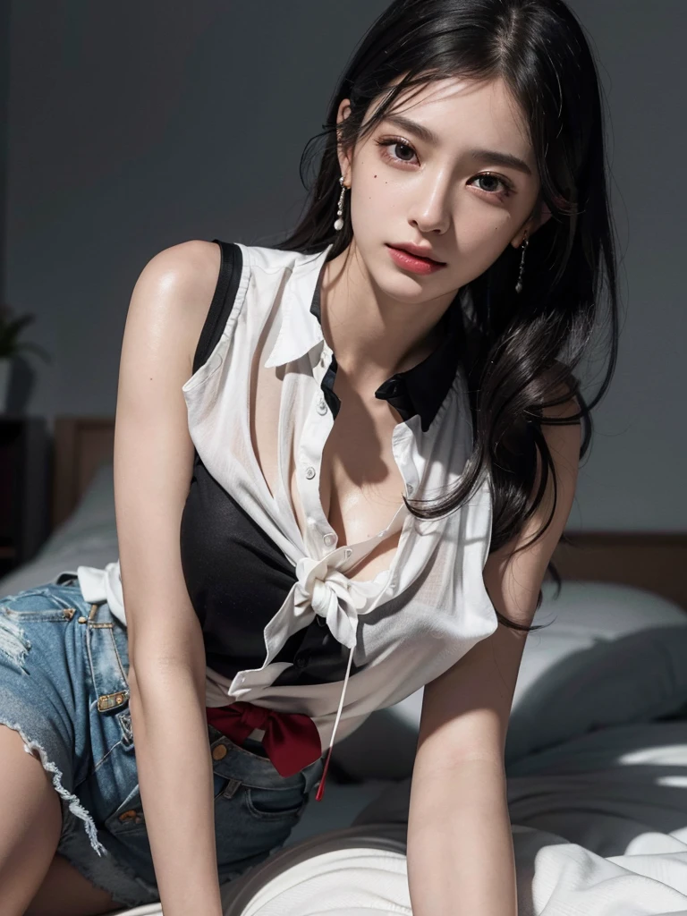 absurdres, RAW photo, extremely delicate and beautiful, masterpiece, Best Quality, ultra high resolution, 32k, hyperrealistic, ultra-detailed, perfect figure, in her 20s, delicate facial features, tearful mole, earring, big breasts, ((full body shot)), medium hair, black hair, sleeveless collared shirt, shorts,