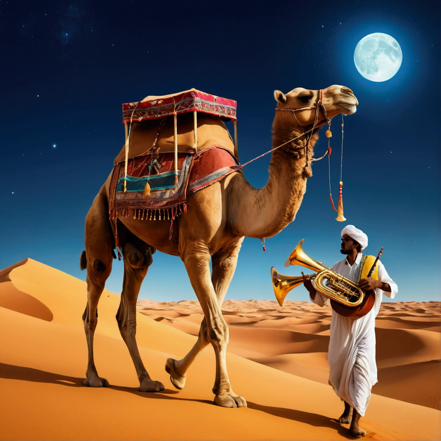 desert moon camel carrying musical instruments