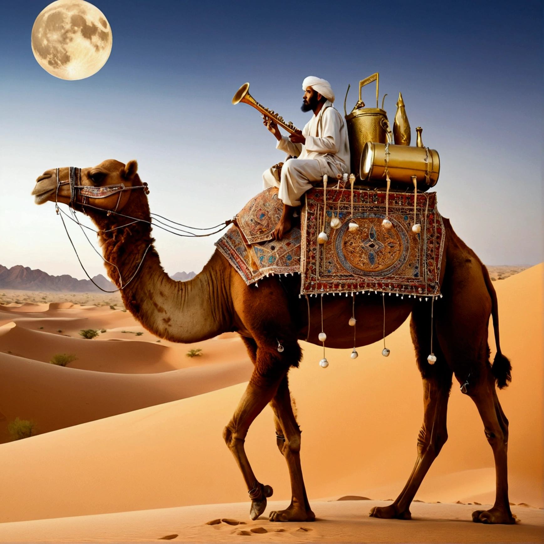 desert moon camel carrying musical instruments